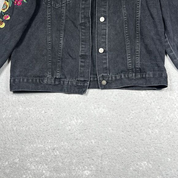 Gianni Bini Jean Jacket Womens Large Black Embroidered Flowered Colorful Bright - Picture 4 of 10